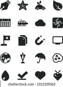 Solid Black Vector Icon Set - heart symbol vector, clean paper, Puzzles, drop, umbrella, omelette, leaf, planet, environmentally friendly transport, magnet, wall calendar, monitor, cloud, ink pen