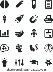 Solid Black Vector Icon Set - omelette vector, bananas, printer, test tube, bulb, brain, settings, bactery, globe, magnet, graduate hat, clipboard, growth graph, radar, robot, rocket, syringe, bang