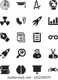 Solid Black Vector Icon Set - books vector, scientific publication, glasses, nuclear, brain, bactery, globe, scientist, graduate hat, clipboard, drawing compass, artifical insimination, growth graph
