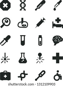 Solid Black Vector Icon Set - mark of injury vector, plus, electronic thermometer e, mercury, medical bag, outdoor, flask, test tube, dna, brain, pipette, artifical insimination, syringe, disabled
