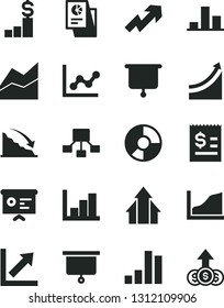 Solid Black Vector Icon Set - growth up vector, line chart, graph, negative histogram, bar, recession, hierarchical scheme, article on the dollar, ring diagram, statistical research, arrows