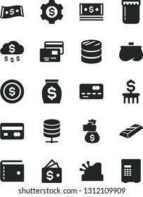 Solid Black Vector Icon Set - purse vector, big data server, cards, jam, reverse side of a bank card, front the, column coins, money, cash, dollar, cashbox, gold bar, bag hand, rain, coin, gear