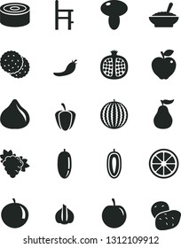 Solid Black Vector Icon Set - a chair for feeding vector, canned goods, mushroom, bowl of buckwheat porridge, biscuit, half pomegranate, branch grape, red apple, fig, water melon, date fruit, sweet