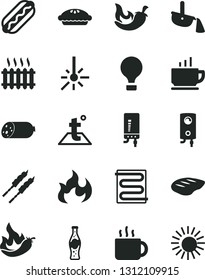 Solid Black Vector Icon Set - heating coil vector, temperature, boiler, electronic, coffee, sausage, Hot Dog, pie, chop, barbecue, chili, cup of tea, bottle soda, pepper, outdoor thermometer, flame