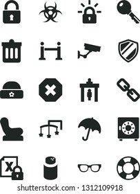 Solid Black Vector Icon Set - mark of injury vector, spectacles, toys over the cot, powder, Baby chair, warm hat, dust bin, lock, key, umbrella, strongbox, encrypting, glasses, biohazard, shield