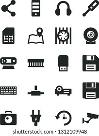 Solid Black Vector Icon Set - floppy disk vector, electronic thermometer e, camera, lens, electric plug, SIM, connection, radiator fan, keyboard, pc tower, web, usb flash, headphones, connect, map