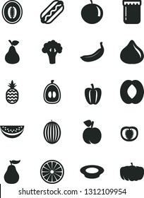 Solid Black Vector Icon Set - Hot Dog vector, a plate of milk, jam, pineapple, pear, peach, fig, melon, half, water slice, tangerine, loquat, banana, orange, ripe guava, tomato, Bell pepper, pumpkin