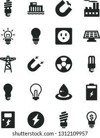 Solid Black Vector Icon Set - incandescent lamp vector, saving light bulb, dangers, charging battery, hydroelectric station, power pole, socket, industrial building, drop of oil, energy, mercury