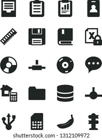 Solid Black Vector Icon Set - folder vector, archive, e, estimate, speech, banana, SIM, statistical report, ring diagram, encrypting, memory, usb, cd, connect, floppy, big data, clipboard, signpost