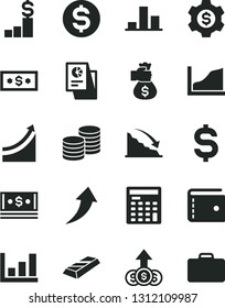 Solid Black Vector Icon Set - purse vector, coins, chart, recession, denomination of the dollar, cash, statistical research, engineer calculator, growth graph, gold bar, money bag hand, arrow up