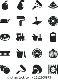 Solid Black Vector Icon Set - paint roller vector, toy sand set, children's, baby train, small yule, new, porcini, cake slice, with a hole, blueberries, half pomegranate, pear, juicy lemon, of kiwi
