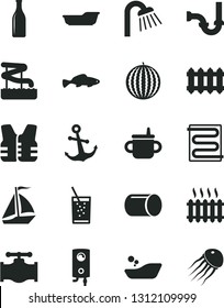 Solid Black Vector Icon Set - mug for feeding vector, children's bathroom, bath, shower, sewerage, heating coil, new radiator, boiler, anchor, small fish, a glass of soda, water melon, valve, pipe