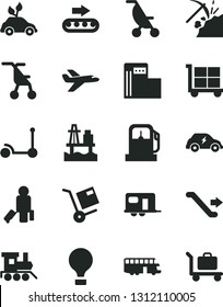 Solid Black Vector Icon Set - cargo trolley vector, summer stroller, sitting, baby toy train, Kick scooter, shipment, sea port, coal mining, gas station, modern, production conveyor, electric, bus