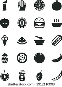 Solid Black Vector Icon Set - deep plate with a spoon vector, pizza, Hot Dog, big burger, porridge, fried potato slices, cup of popcorn, cone, pomegranate, tasty apple, mulberry, half melon, cherry