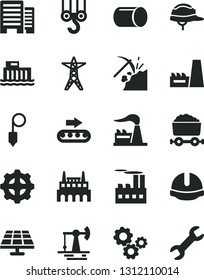 Solid Black Vector Icon Set - winch hook vector, buildings, construction helmet, plummet, solar panel, working oil derrick, coal mining, factory, hydroelectric station, power line, thermal plant