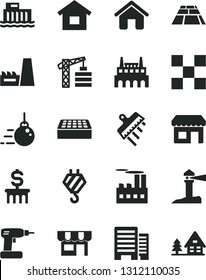 Solid Black Vector Icon Set - tower crane vector, house, dwelling, hook, big core, cordless drill, buildings, tile, brick, spatula, paving slab, kiosk, hydroelectric station, industrial building