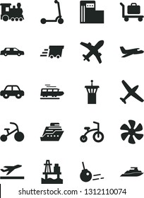 Solid Black Vector Icon Set - motor vehicle vector, child bicycle, tricycle, Kick scooter, core, sea port, marine propeller, modern gas station, urgent cargo, limousine, plane, train, airport tower