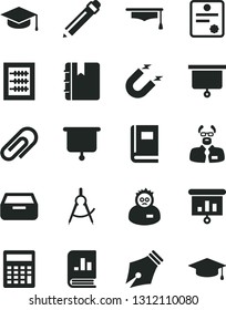 Solid Black Vector Icon Set - clip vector, graphite pencil, calculator, new abacus, notebook, drawer, square academic hat, magnet, scribed compasses, book on statistics, presentation, scientist