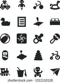 Solid Black Vector Icon Set - dummy vector, new abacus, beanbag, rubber duck, baby bath ball, stacking rings, motor vehicle present, roly poly doll, children's sand set, toy train, yule, small