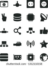 Solid Black Vector Icon Set - power socket type b vector, f, star, thumb up, satellite dish, connections, scheme, hierarchical, cpu, pc card, browser, connect, lan connector, wireless, big data
