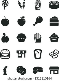 Solid Black Vector Icon Set - kiosk vector, cheese, canned goods, fried vegetables on sticks, big burger, cake, muffin, piece of, chicken leg, lollipop, potato slices, popcorn, cup, apple, biscuit