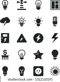 Solid Black Vector Icon Set - lightning vector, matte light bulb, incandescent lamp, window, power socket type b, dangers, star, storm cloud, mercury, lighthouse, electricity, dollar column, idea