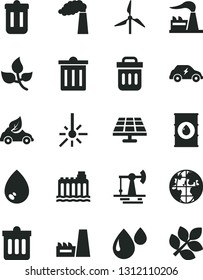 Solid Black Vector Icon Set - bin vector, dust, drop, solar panel, working oil derrick, leaves, windmill, manufacture, factory, hydroelectricity, thermal power plant, eco car, electric transport