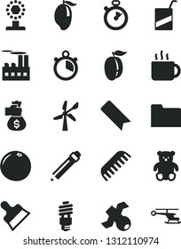 Solid Black Vector Icon Set - bookmark vector, graphite pencil, comb, e, small teddy bear, putty knife, cup of tea, mango, ripe plum, grapefruit, wind energy, industrial building, saving bulb