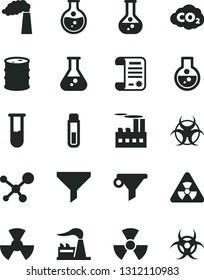 Solid Black Vector Icon Set - round flask vector, manufacture, factory, barrel, industrial building, radiation, carbon dyoxide, filter, water, research article, test tube, molecule, nuclear