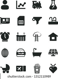 Solid Black Vector Icon Set - graph vector, baby stroller, children's train, dwelling, bath, alarm clock, burger, cup of popcorn, melon, solar panel, battery, SIM card, water filter, man, pc, flask