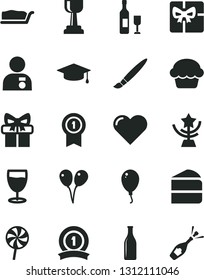 Solid Black Vector Icon Set - tassel vector, colored air balloons, balloon, heart, cake, piece of, slice, lollipop, glass, bottle, gift, giftbox, gold cup, star, man with medal, graduate, pennant