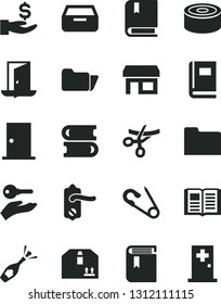 Solid Black Vector Icon Set - book vector, open pin, e, books, door knob, ntrance, drawer, cardboard box, canned goods, stall, get a wage, folder, arm with key, exit, grand opening, champagne