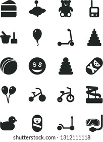 Solid Black Vector Icon Set - baby duckling vector, bath ball, stacking rings, toy, roly poly doll, tumbler, phone, sand set, small teddy bear, yule, colored air balloons, balloon, child bicycle