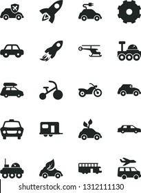 Solid Black Vector Icon Set - Truck Lorry Vector, Motor Vehicle, Tricycle, Car, Eco, Environmentally Friendly Transport, Electric, Retro, Autopilot, Space Rocket, Lunar Rover, Helicopter, Limousine