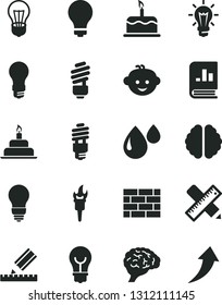 Solid Black Vector Icon Set - matte light bulb vector, children's hairdo, birthday cake, brickwork, saving, writing accessories, drawing, drop, energy, book on statistics, brain, flame torch