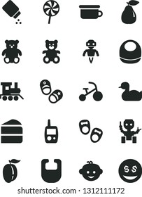 Solid Black Vector Icon Set - baby powder vector, bib, rubber duck, toy mobile phone, children's potty, teddy bear, small, hairdo, train, tricycle, shoes for little children, child, piece of cake