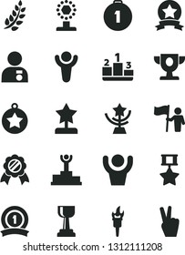 Solid Black Vector Icon Set - pedestal vector, flame torch, winner, laurel branch, podium, prize, cup, gold, star, reward, man with medal, hold flag, first place, ribbon, hero, hands up