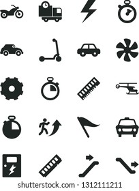 Solid Black Vector Icon Set - truck lorry vector, lightning, stopwatch, wind direction indicator, motor vehicle, child Kick scooter, dangers, timer, car, delivery, marine propeller, retro, memory