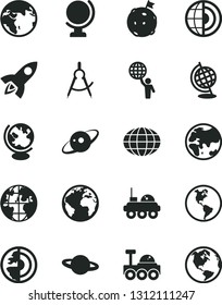 Solid Black Vector Icon Set - sign of the planet vector, globe, Earth, scribed compasses, core, saturn, lunar rover, man hold world, flag on moon, rocket