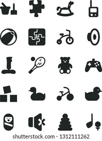 Solid Black Vector Icon Set - loudspeaker vector, rubber duck, baby duckling, bath ball, stacking rings, roly poly doll, toy phone, sand set, small teddy bear, rocking horse, cubes for children