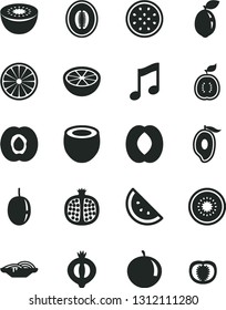 Solid Black Vector Icon Set - music vector, slices of onion, orange slice, half apricot, pomegranate, medlar, mango, peach, melon, tangerine, passion fruit, kiwi, sour lime, guawa, coconut, tomato