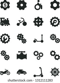 Solid Black Vector Icon Set - truck lorry vector, children's train, tricycle, Kick scooter, child, gears, cogwheel, gear, star, valve, retro car, three, dollar, motorcycle, disabled, handwheel