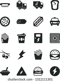 Solid Black Vector Icon Set - lightning vector, dangers, car, delivery, sausage, pizza, Hot Dog, mini, big burger, a bowl of buckwheat porridge, French fries, fried potato slices, Chinese chopsticks