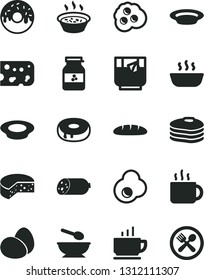Solid Black Vector Icon Set - deep plate with a spoon vector, coffee, sausage, piece of cheese, eggs, loaf, cake hole, glazed, porridge in saucepan, hot, milk, cup tea, glass, fried egg, omelette