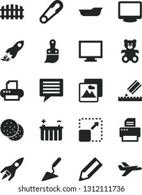 Solid Black Vector Icon Set - image of thought vector, monitor, safety pin, bath, teddy bear, building trowel, plastic brush, drawing, fence, picture, expand, biscuit, battery, space rocket, pencil