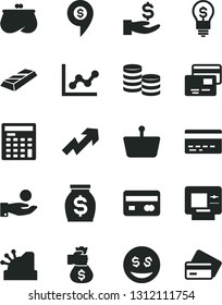 Solid Black Vector Icon Set - bank card vector, growth up, graph, cards, shopping basket, reverse side of a, coins, get wage, catch coin, purse, money, engineer calculator, cashbox, gold bar, idea