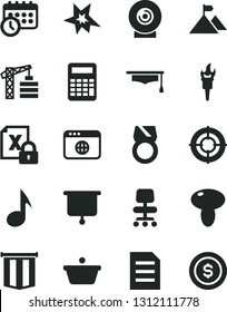 Solid Black Vector Icon Set - tower crane vector, lens, mushroom, pan, encrypting, browser, note, chair, schedule clock, file, graduate hat, calculator, presentation board, flame torch, bang, aim