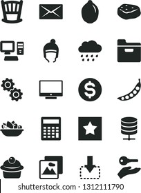 Solid Black Vector Icon Set - calculator vector, cradle, rainy cloud, winter hat, picture, screen, big data server, folder, move down, muffin, a plate of fruit, piece meat, lime, peas, dollar, mail