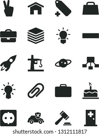 Solid Black Vector Icon Set - clip vector, hammer of a judge, minus, add label, home, pile, cake, power socket, tower crane, autopilot, portfolio, rocket, hierarchical scheme, hand bag, bulb, saturn