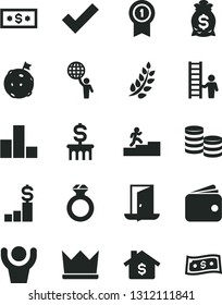 Solid Black Vector Icon Set - check mark vector, bar chart, coins, wallet, laurel branch, carrer stairway, man hold world, flag on moon, medal with pennant, ladder, diamond ring, exit door, hands up